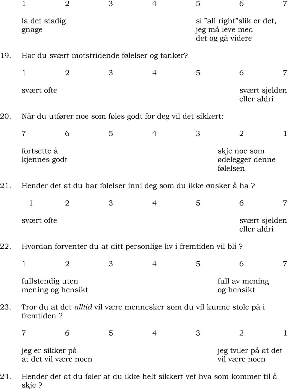 Hender det at du har følelser inni deg som du ikke ønsker å ha? 22. Hvordan forventer du at ditt personlige liv i fremtiden vil bli?