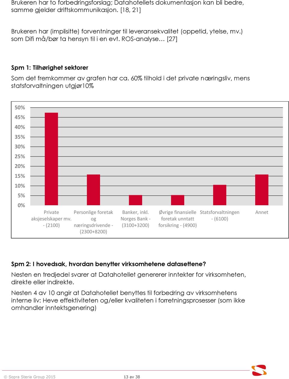 ROS-analyse [27] Spm 1: Tilhørighet sektorer Som det fremkommer av grafen har ca. 6 tilhold i det private næringsliv, mens statsforvaltningen utgjør 5 45% 4 35% 25% 2 15% 5% Private aksjeselskaper mv.