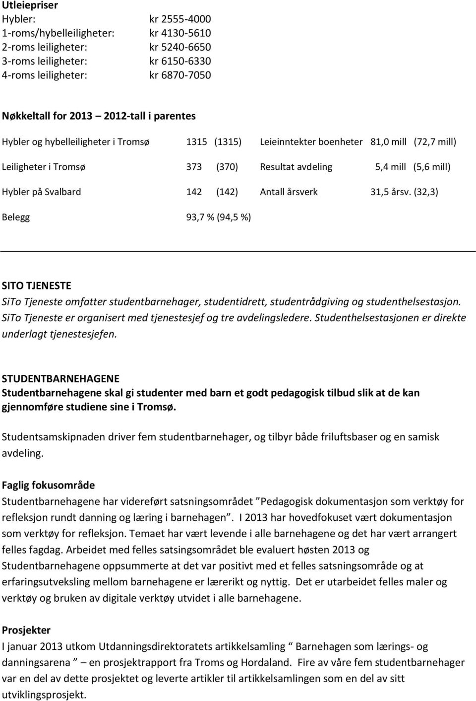 Svalbard 142 (142) Antall årsverk 31,5 årsv. (32,3) Belegg 93,7 % (94,5 %) SITO TJENESTE SiTo Tjeneste omfatter studentbarnehager, studentidrett, studentrådgiving og studenthelsestasjon.