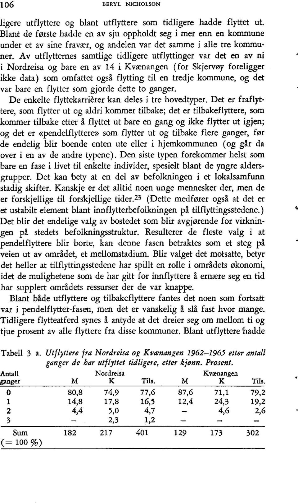 Av utflpternes samtlige tidligere utflyttinger var det en av ni i Nordreisa og bare en av L4 i Kvrenangen (for Skjeway foreligger ikke data) som omfattet ogsl flytting til en tredje kommune, og det