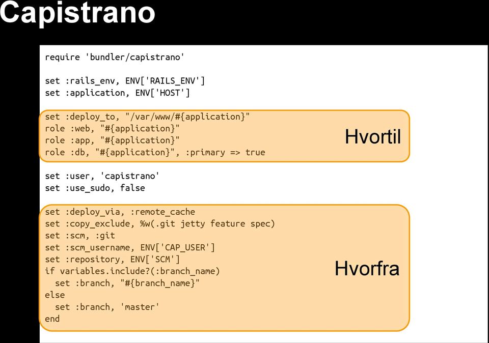 :user, 'capistrano' set :use_sudo, false set :deploy_via, :remote_cache set :copy_exclude, %w(.