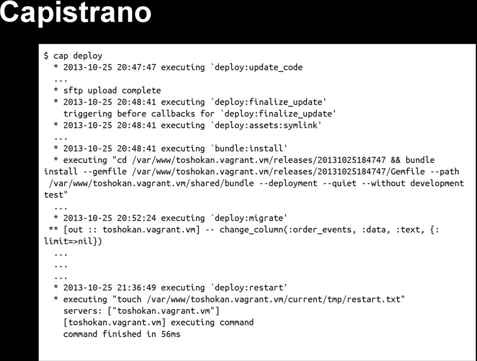.. * 2013-10-25 20:48:41 executing `bundle:install' * executing "cd /var/www/toshokan.vagrant.vm/releases/20131025184747 && bundle install --gemfile /var/www/toshokan.vagrant.vm/releases/20131025184747/gemfile --path /var/www/toshokan.