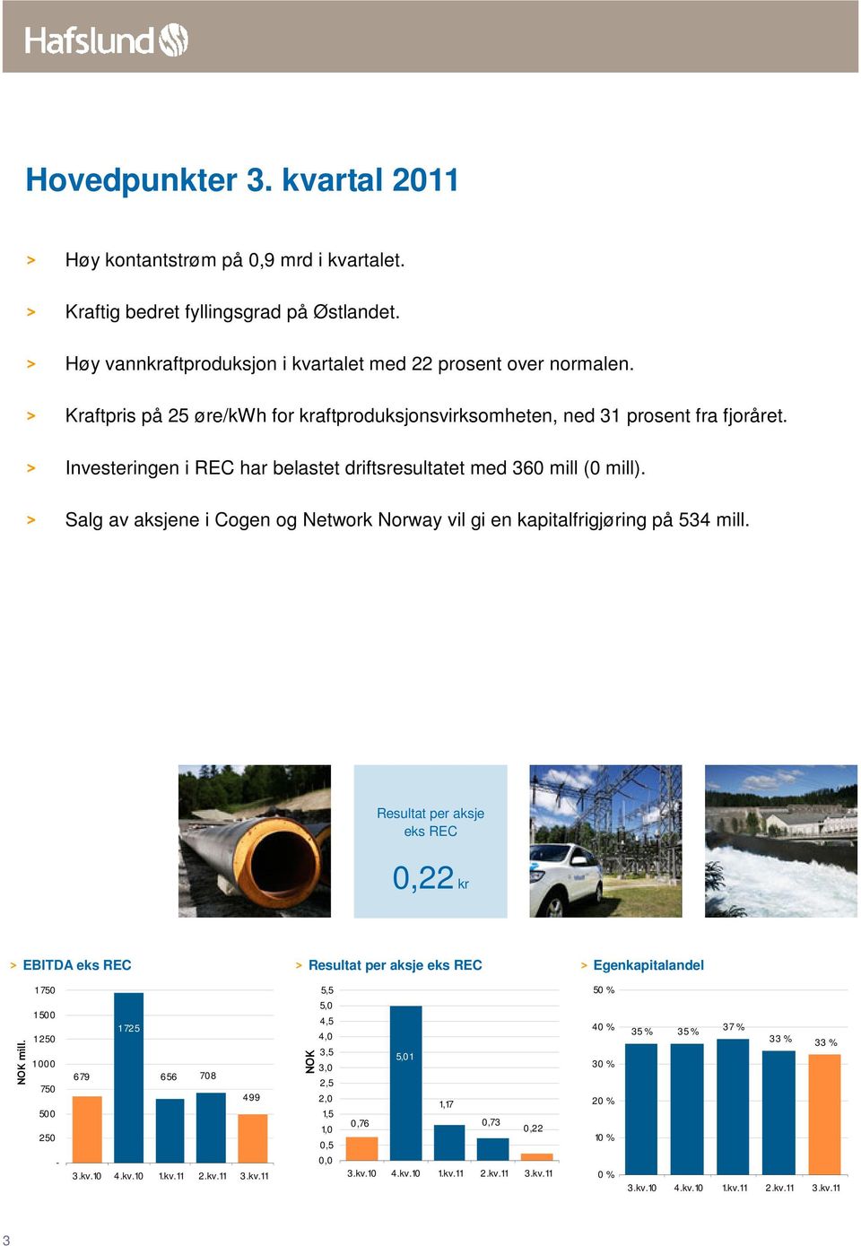 > Salg av aksjene i Cogen og Network Norway vil gi en kapitalfrigjøring på 534 mill. Resultat per aksje eks REC 0,22 kr > EBITDA eks REC > Resultat per aksje eks REC > Egenkapitalandel NOK mill.