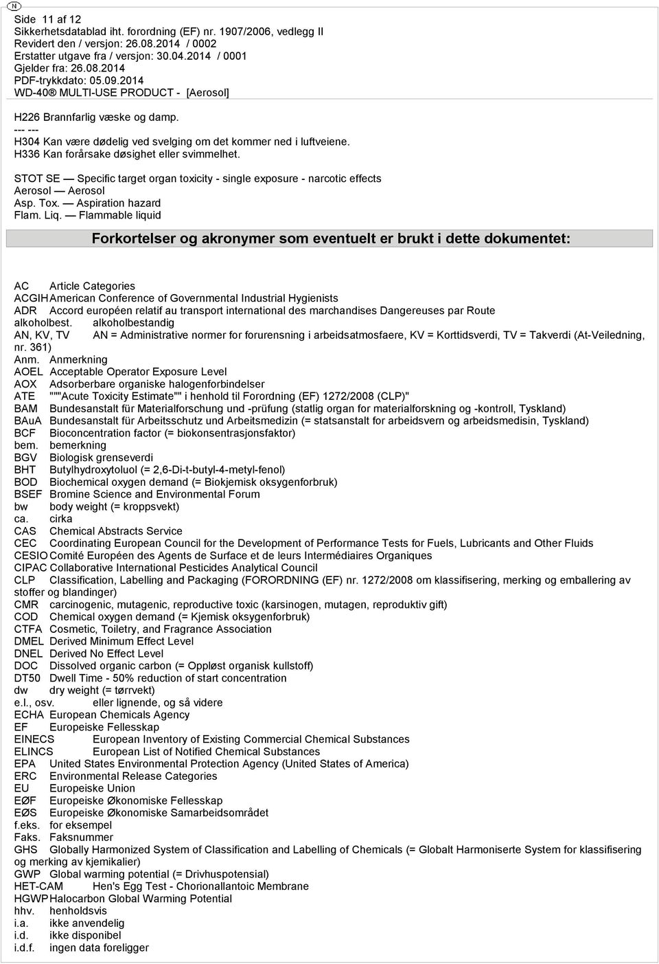 Flammable liquid Forkortelser og akronymer som eventuelt er brukt i dette dokumentet: AC Article Categories ACGIHAmerican Conference of Governmental Industrial Hygienists ADR Accord européen relatif