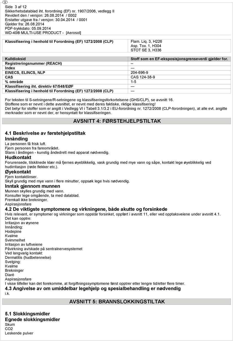 direktiv 67/548/EØF --- Klassifisering i henhold til Forordning (EF) 1272/2008 (CLP) --- For teksten til S-setningene/R-setningene og klassifiseringsforkortelsene (GHS/CLP), se avsnitt 16.