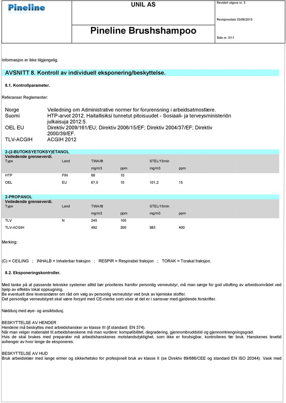 OEL EU Direktiv 2009/161/EU; Direktiv 2006/15/EF; Direktiv 2004/37/EF; Direktiv 2000/39/EF. TLV-ACGIH ACGIH 2012 2-(2-BUTOKSYETOKSY)ETANOL Veiledende grenseverdi.