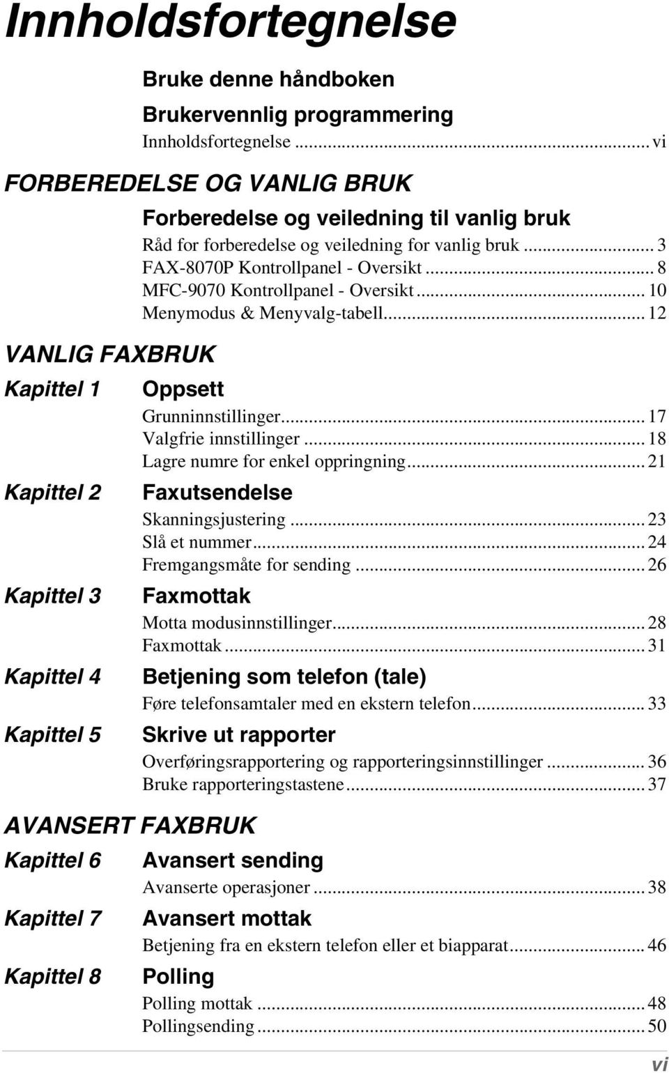 for forberedelse og veiledning for vanlig bruk... 3 FAX-8070P Kontrollpanel - Oversikt... 8 MFC-9070 Kontrollpanel - Oversikt... 10 Menymodus & Menyvalg-tabell... 12 Oppsett Grunninnstillinger.