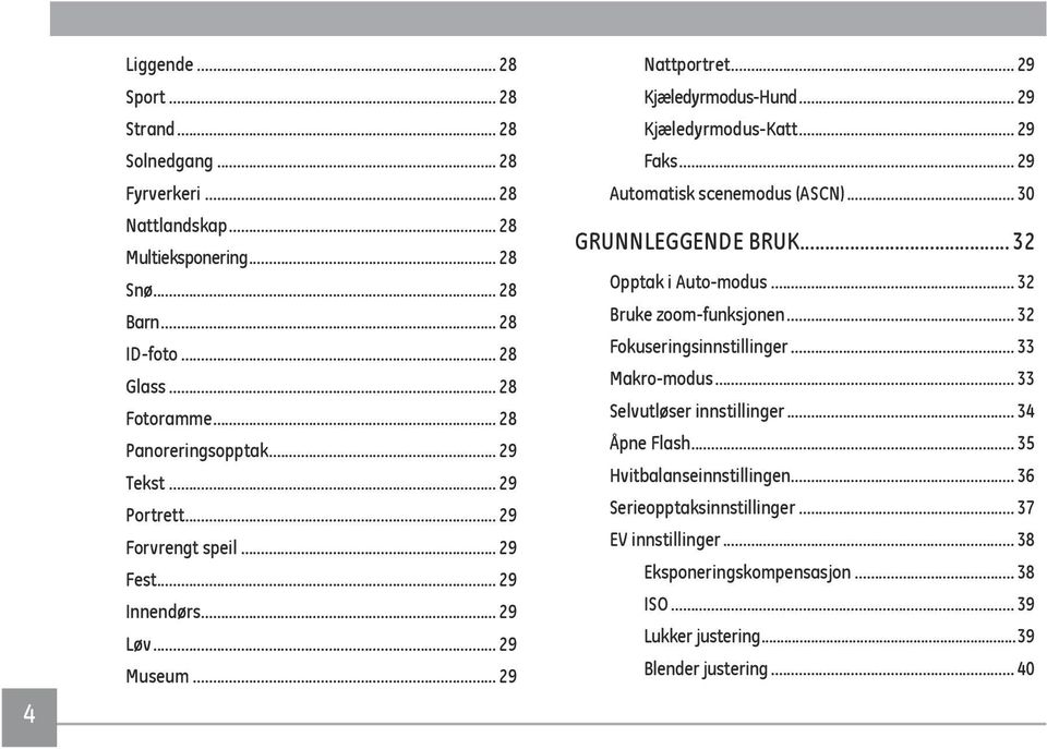 .. 29 Faks... 29 Automatisk scenemodus (ASCN)... 30 GRUNNLEGGENDE BRUK... 32 Opptak i Auto-modus... 32 Bruke zoom-funksjonen... 32 Fokuseringsinnstillinger... 33 Makro-modus.