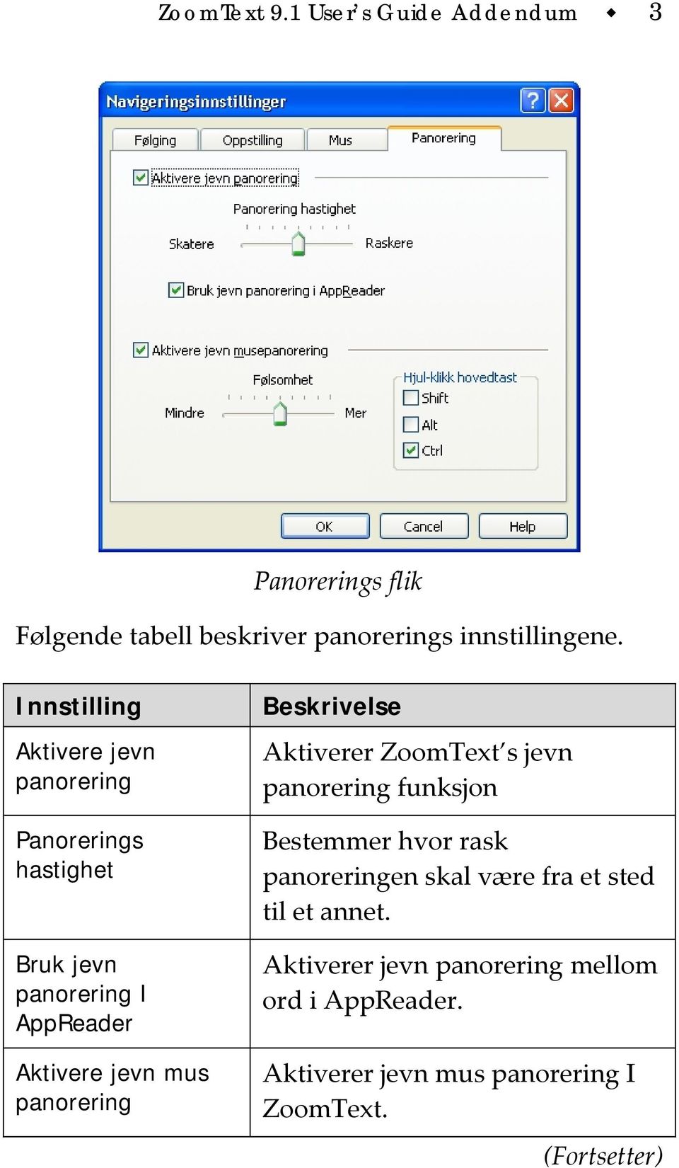 panorering Beskrivelse Aktiverer ZoomText s jevn panorering funksjon Bestemmer hvor rask panoreringen skal være