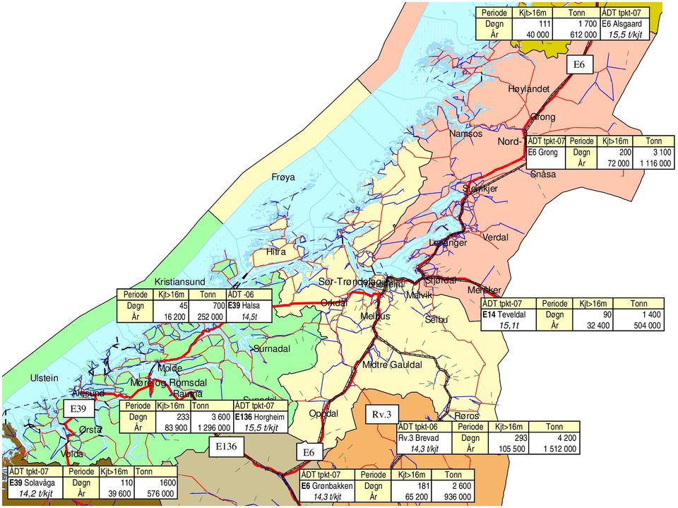 Periode Kjt>16m Tonn E14 Teveldal Døgn 9 1 4 15,1t År 32 4 54 Ulstein Surnadal Møre og Romsdal Ålesund Rauma Sunndal E39 Periode Kjt>16m Tonn ÅDT tpkt-7 Døgn 233 3 6 E136 Horgheim Ørsta År 83 9 1 296