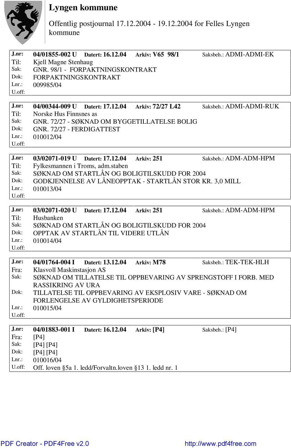 : 010012/04 J.nr: 03/02071-019 U Datert: 17.12.04 Arkiv: 251 Saksbeh.: ADM-ADM-HPM Til: Fylkesmannen i Troms, adm.