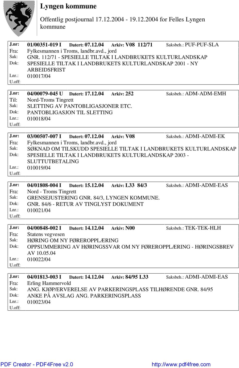 : ADM-ADM-EMH Til: Nord-Troms Tingrett Sak: SLETTING AV PANTOBLIGASJONER ETC. Dok: PANTOBLIGASJON TIL SLETTING Lnr.: 010018/04 J.nr: 03/00507-007 I Datert: 07.12.04 Arkiv: V08 Saksbeh.