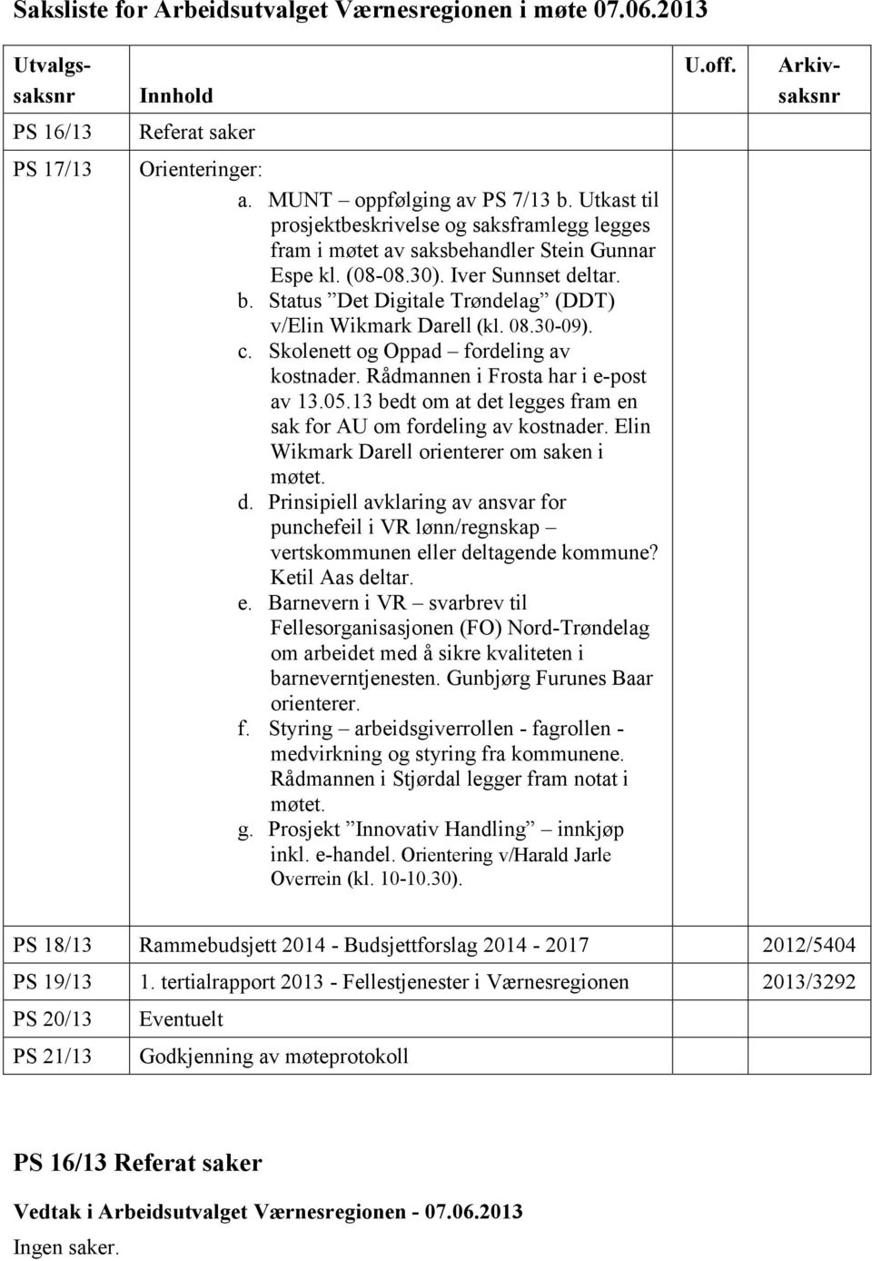 Status Det Digitale Trøndelag (DDT) v/elin Wikmark Darell (kl. 08.30-09). c. Skolenett og Oppad fordeling av kostnader. Rådmannen i Frosta har i e-post av 13.05.