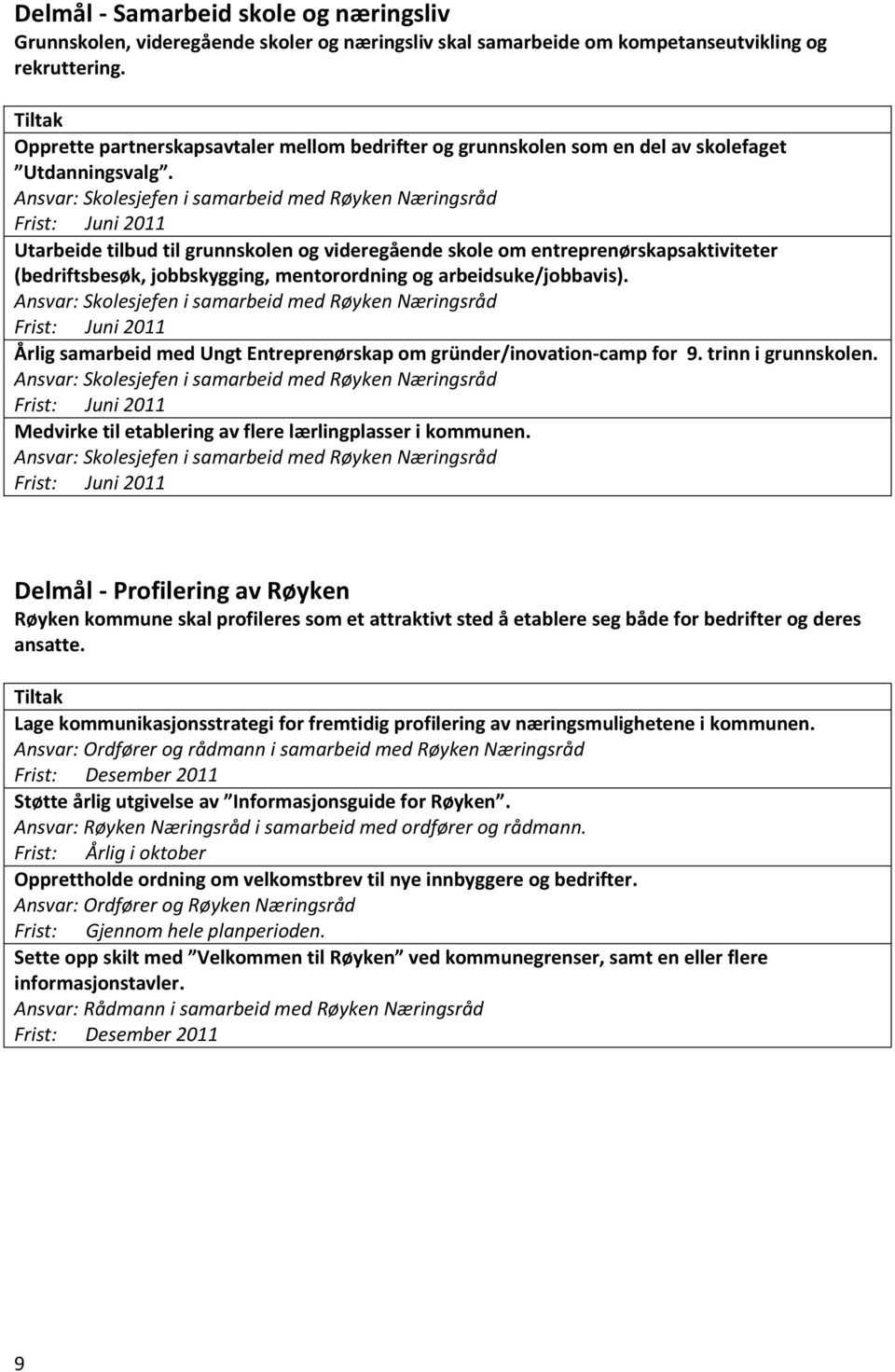 Ansvar: Skolesjefen i samarbeid med Røyken Næringsråd Utarbeide tilbud til grunnskolen og videregående skole om entreprenørskapsaktiviteter (bedriftsbesøk, jobbskygging, mentorordning og