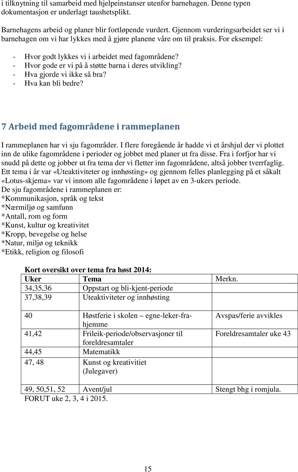 - Hvor gode er vi på å støtte barna i deres utvikling? - Hva gjorde vi ikke så bra? - Hva kan bli bedre? 7 Arbeid med fagområdene i rammeplanen I rammeplanen har vi sju fagområder.