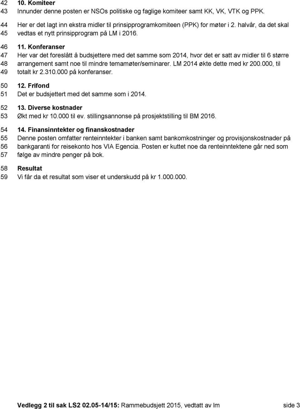 Konferanser Her var det foreslått å budsjettere med det samme som 2014, hvor det er satt av midler til 6 større arrangement samt noe til mindre temamøter/seminarer. LM 2014 økte dette med kr 200.