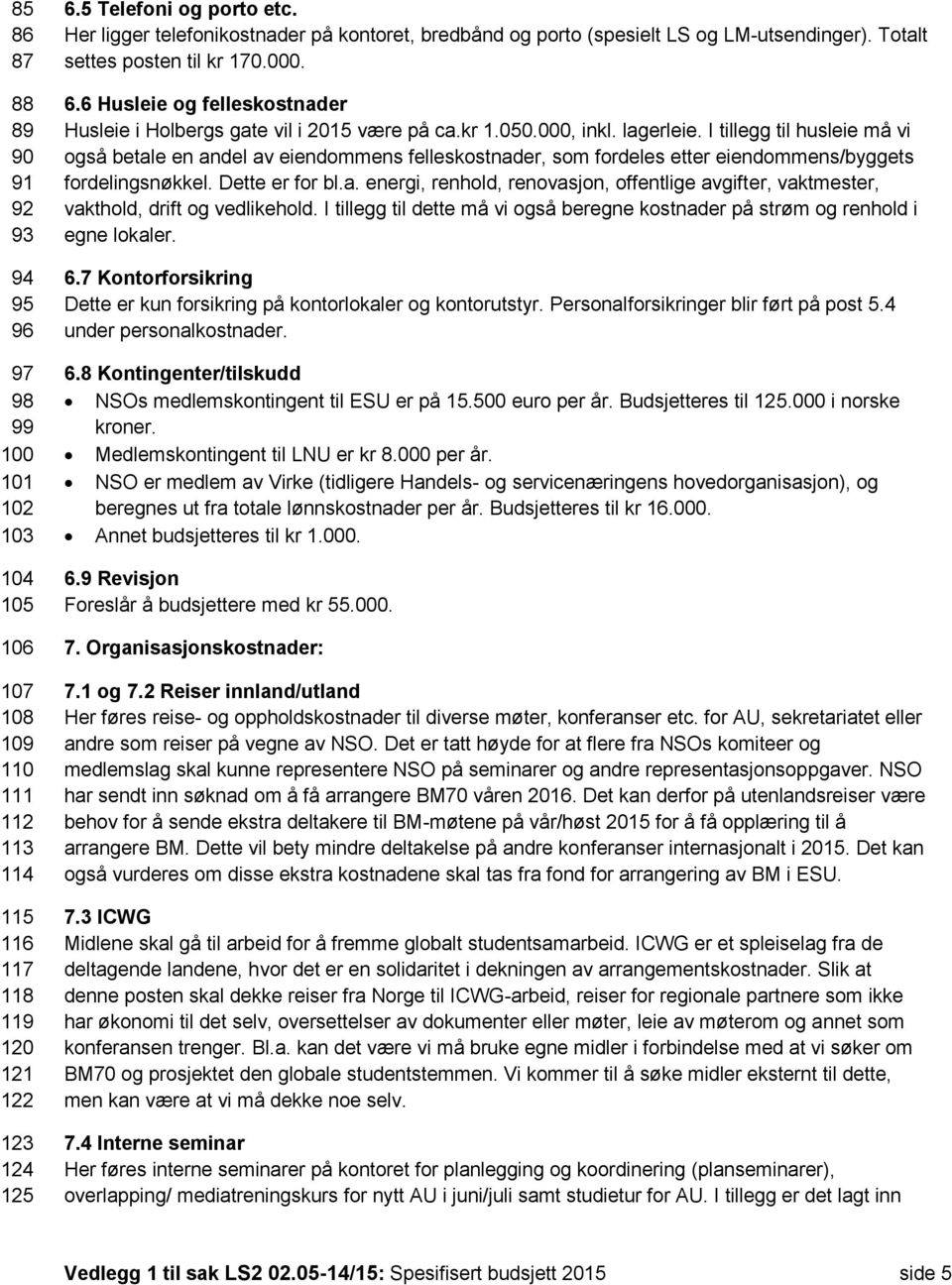 6 Husleie og felleskostnader Husleie i Holbergs gate vil i 2015 være på ca.kr 1.050.000, inkl. lagerleie.