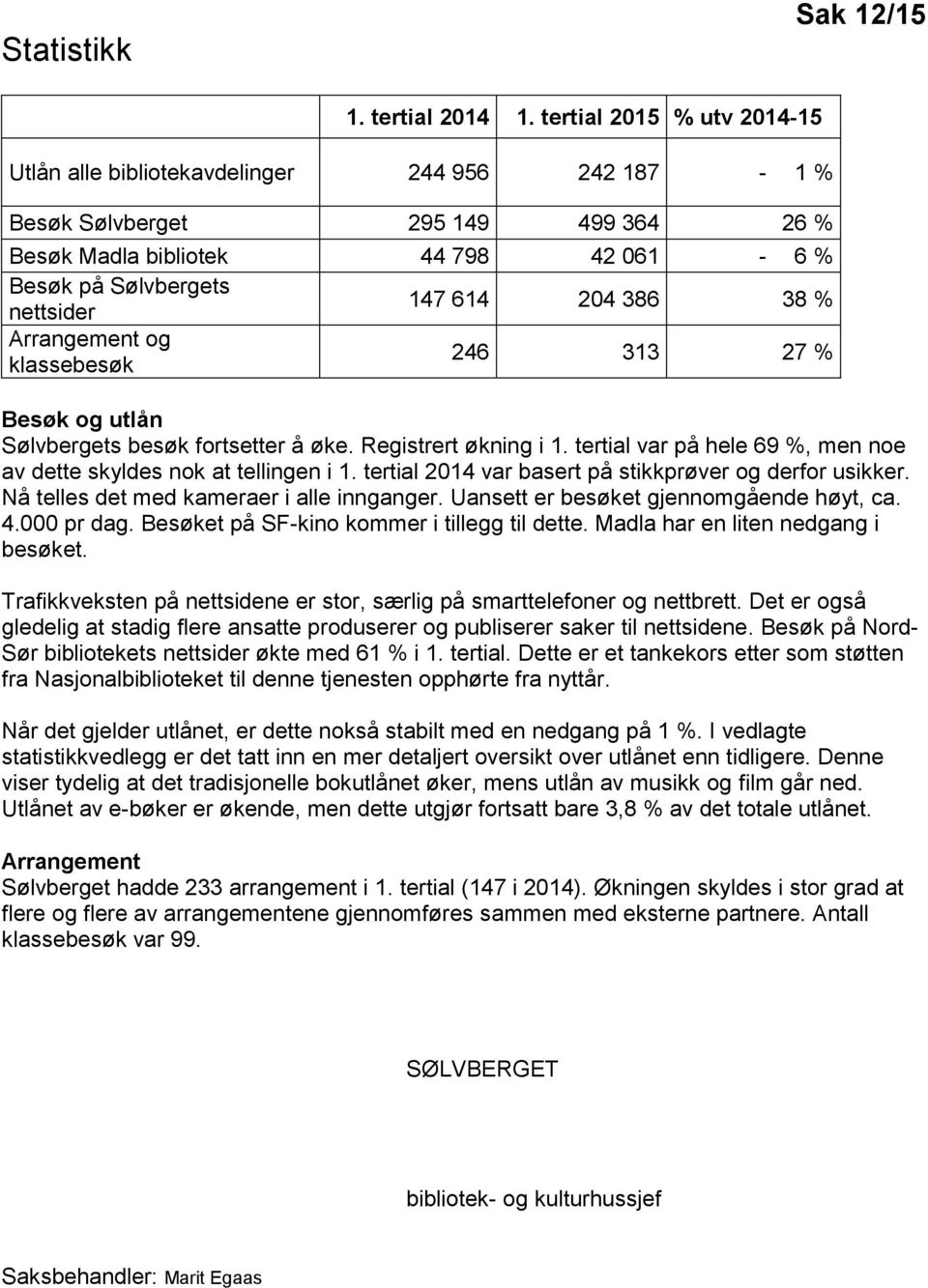 386 38 % Arrangement og klassebesøk 246 313 27 % Besøk og utlån Sølvbergets besøk fortsetter å øke. Registrert økning i 1. tertial var på hele 69 %, men noe av dette skyldes nok at tellingen i 1.