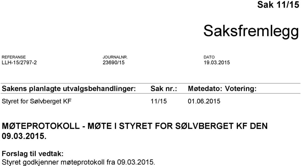 : Møtedato: Votering: Styret for Sølvberget KF 11/15 01.06.