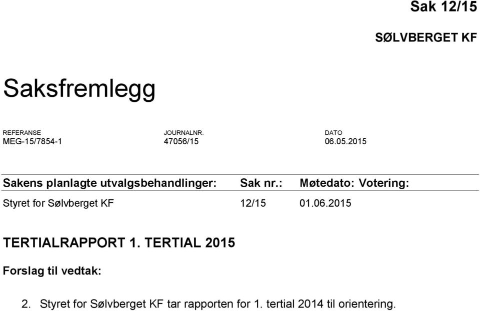 : Møtedato: Votering: Styret for Sølvberget KF 12/15 01.06.2015 TERTIALRAPPORT 1.