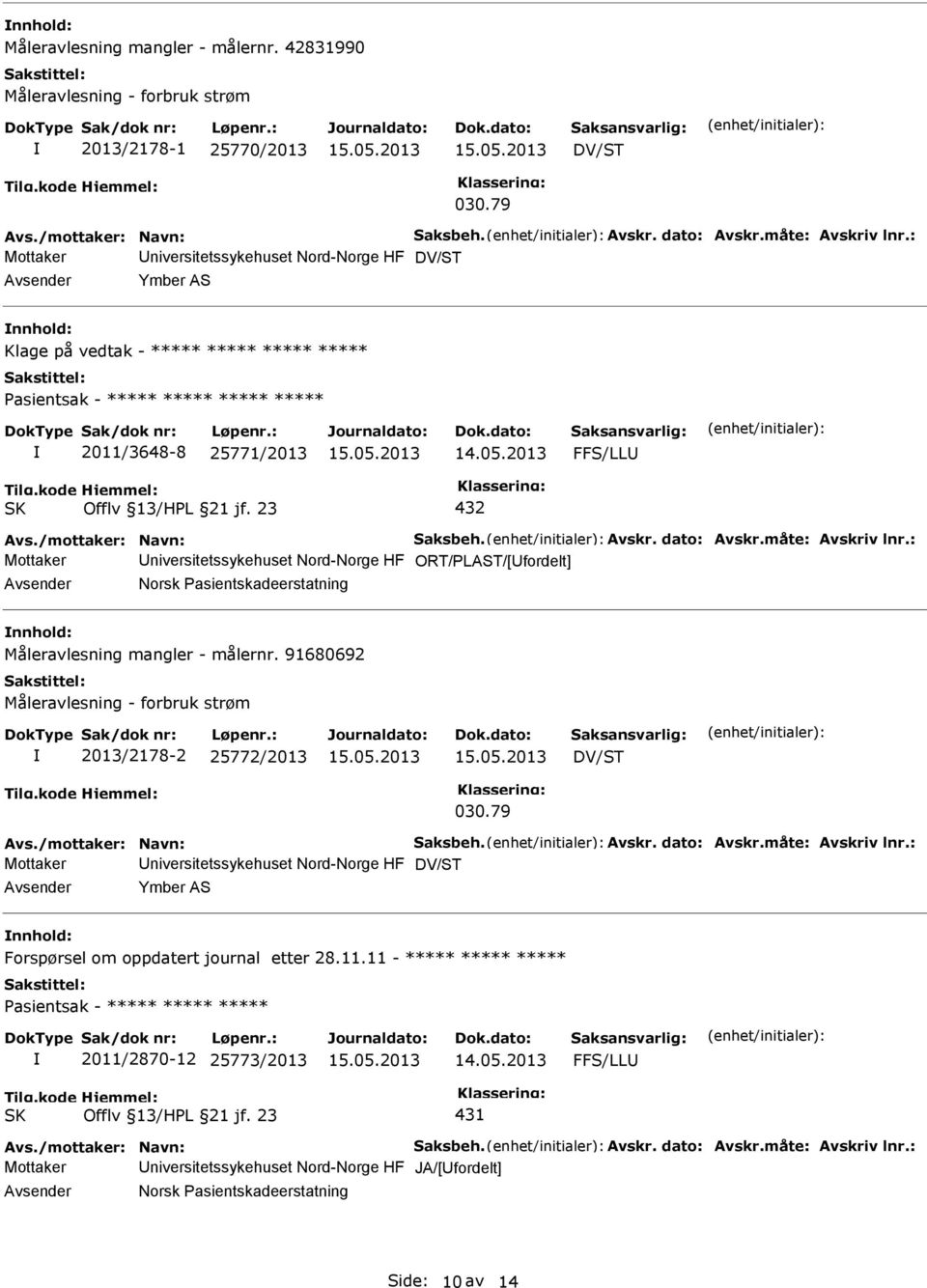 måte: Avskriv lnr.: Mottaker niversitetssykehuset Nord-Norge HF ORT/PLAST/[fordelt] Norsk Pasientskadeerstatning Måleravlesning mangler - målernr.