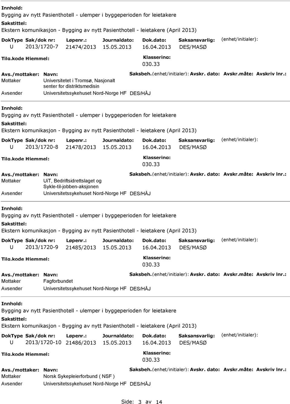 måte: Avskriv lnr.: Mottaker it, Bedriftsidrettslaget og Sykle-til-jobben-aksjonen niversitetssykehuset Nord-Norge HF DES/HÅJ 2013/1720-9 21485/2013 Avs./mottaker: Navn: Saksbeh. Avskr. dato: Avskr.