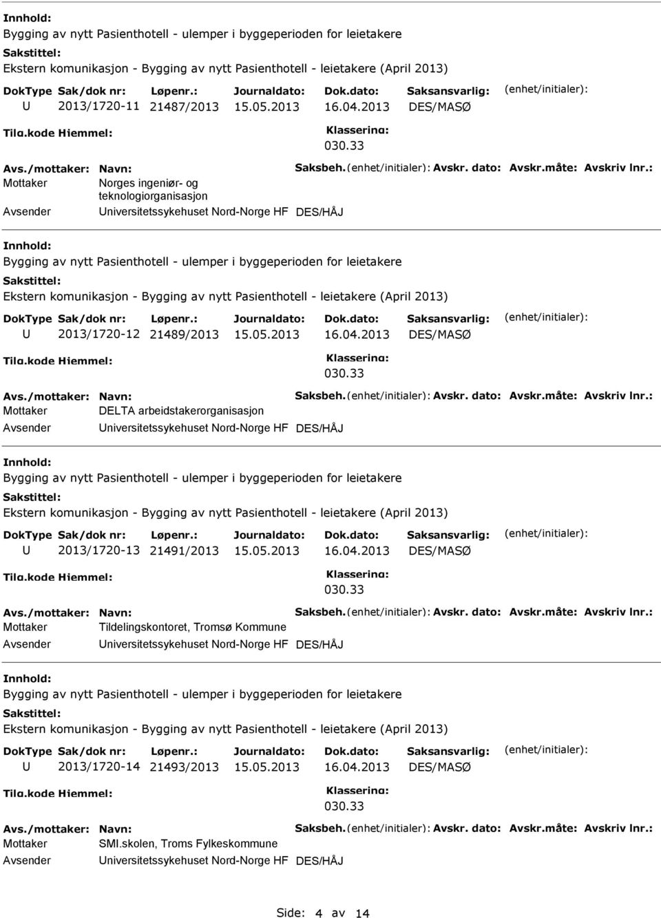 måte: Avskriv lnr.: Mottaker DELTA arbeidstakerorganisasjon niversitetssykehuset Nord-Norge HF DES/HÅJ 2013/1720-13 21491/2013 Avs./mottaker: Navn: Saksbeh. Avskr. dato: Avskr.