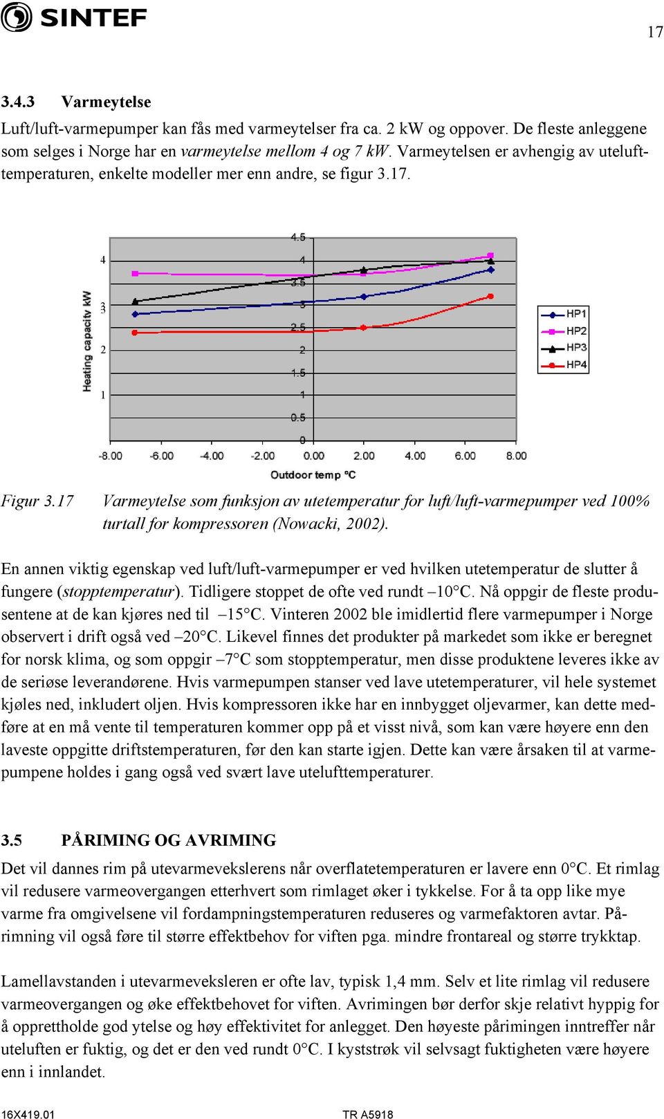 17 Varmeytelse som funksjon av utetemperatur for luft/luft-varmepumper ved 100% turtall for kompressoren (Nowacki, 2002).