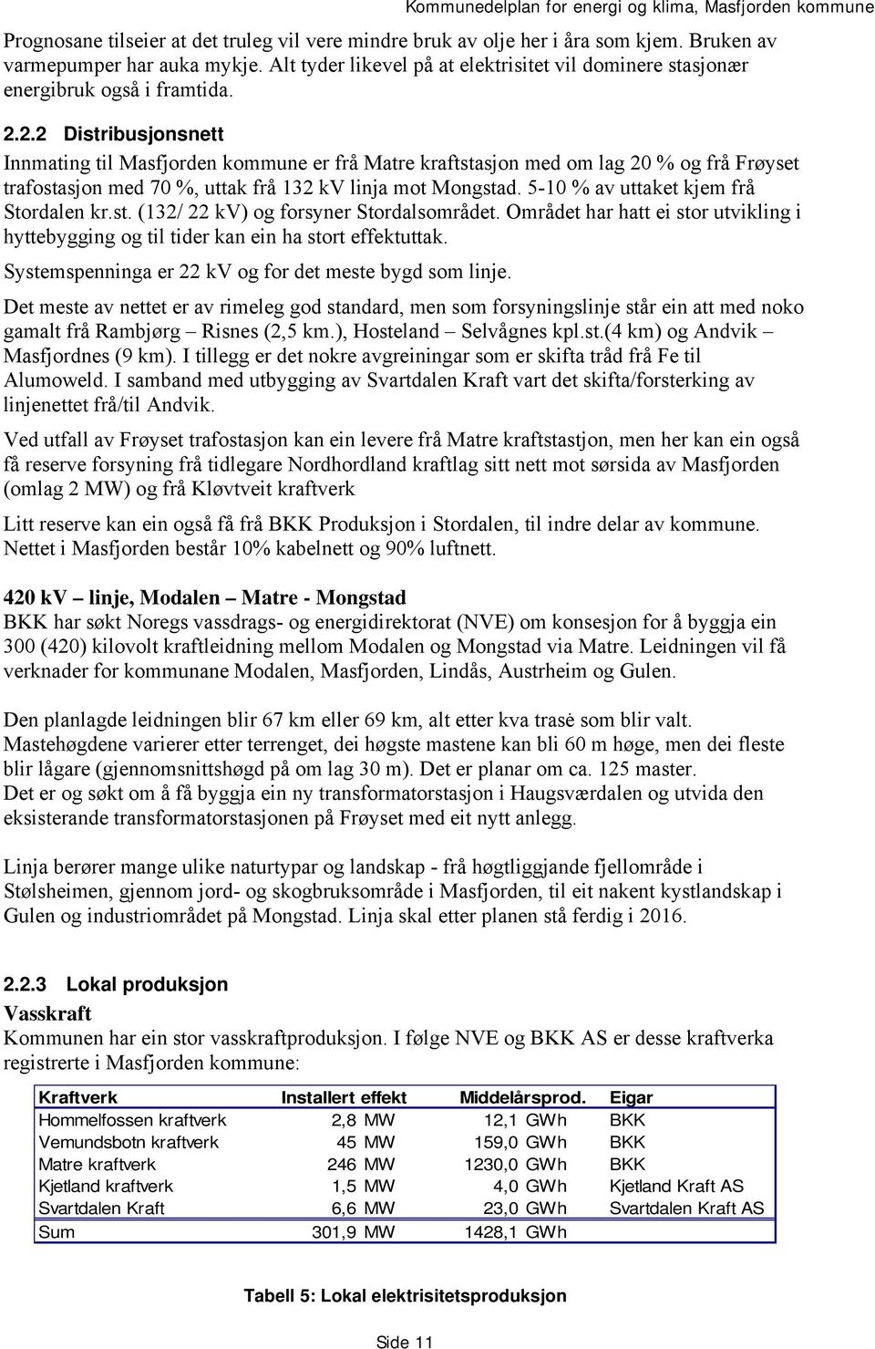 2.2 Distribusjonsnett Innmating til Masfjorden kommune er frå Matre kraftstasjon med om lag 20 % og frå Frøyset trafostasjon med 70 %, uttak frå 132 kv linja mot Mongstad.