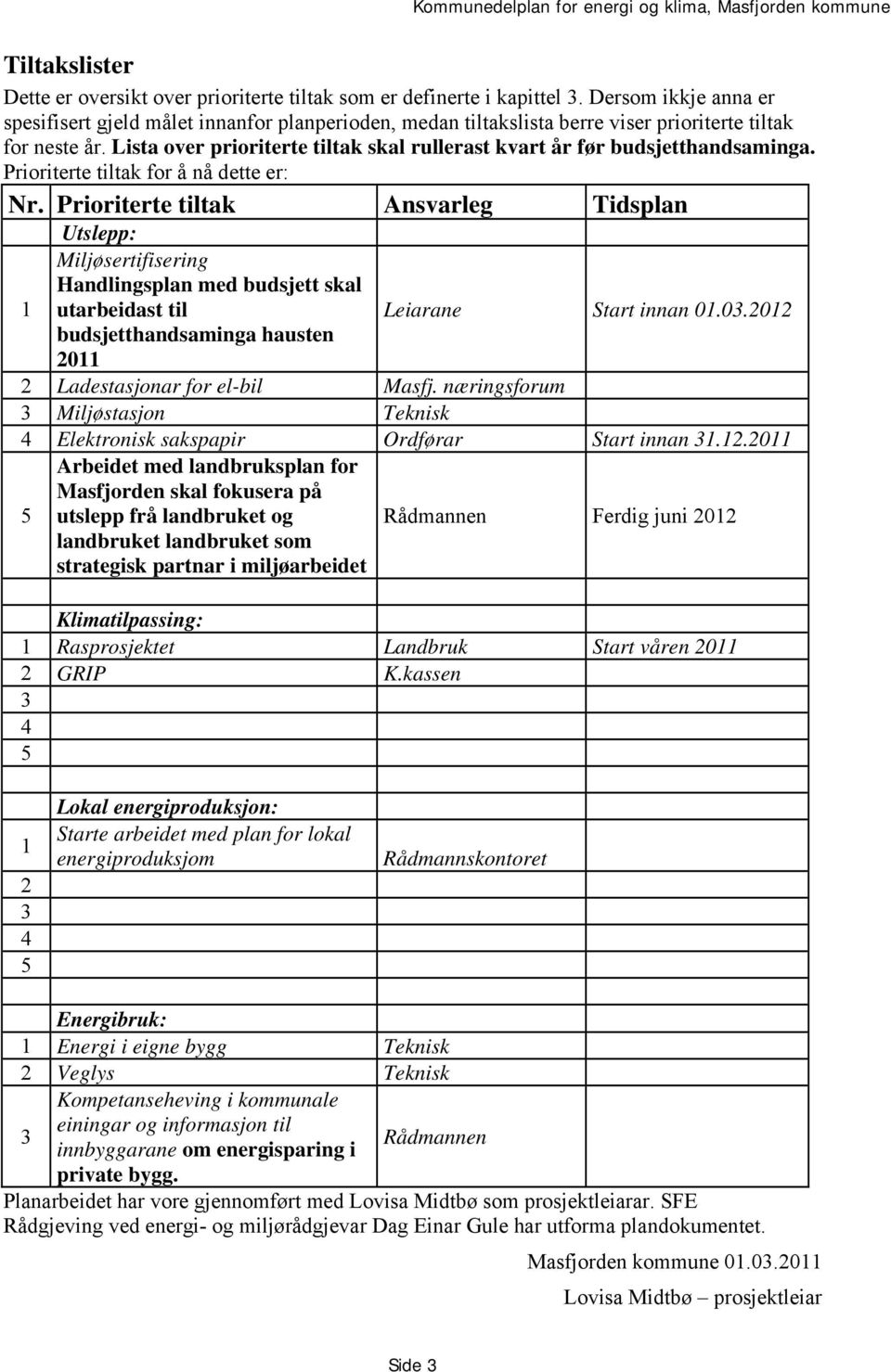 Lista over prioriterte tiltak skal rullerast kvart år før budsjetthandsaminga. Prioriterte tiltak for å nå dette er: Nr.