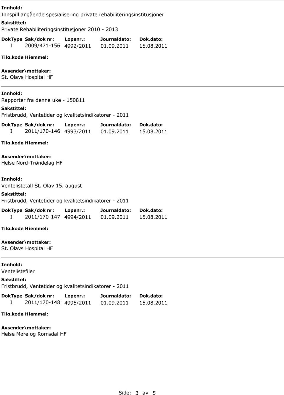 Olavs Hospital HF Rapporter fra denne uke - 150811 2011/170-146 4993/2011 Helse Nord-Trøndelag HF