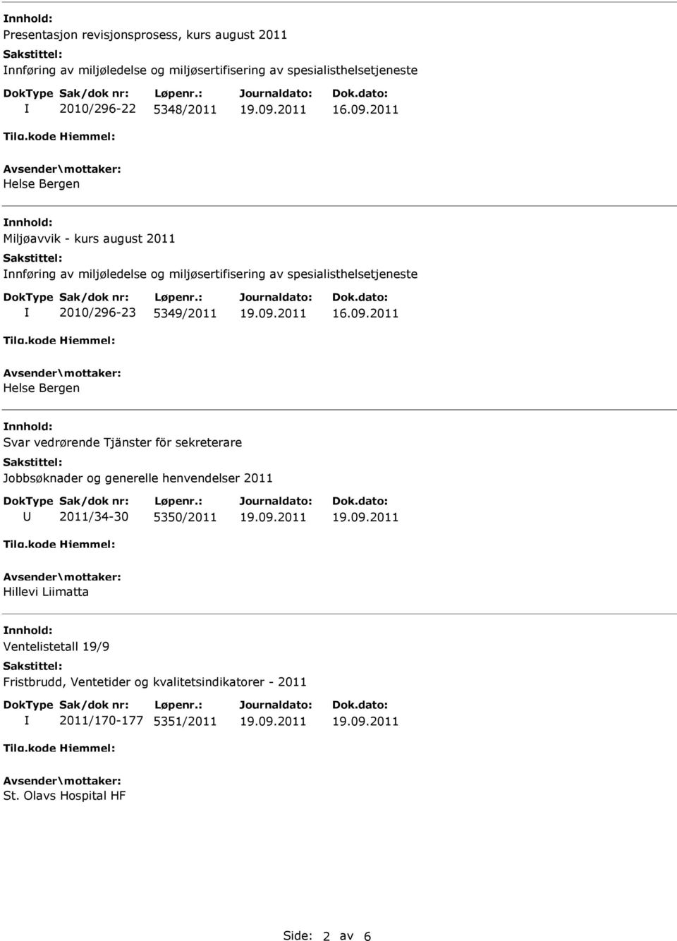 spesialisthelsetjeneste 2010/296-23 5349/2011 Helse Bergen Svar vedrørende Tjänster för sekreterare Jobbsøknader og