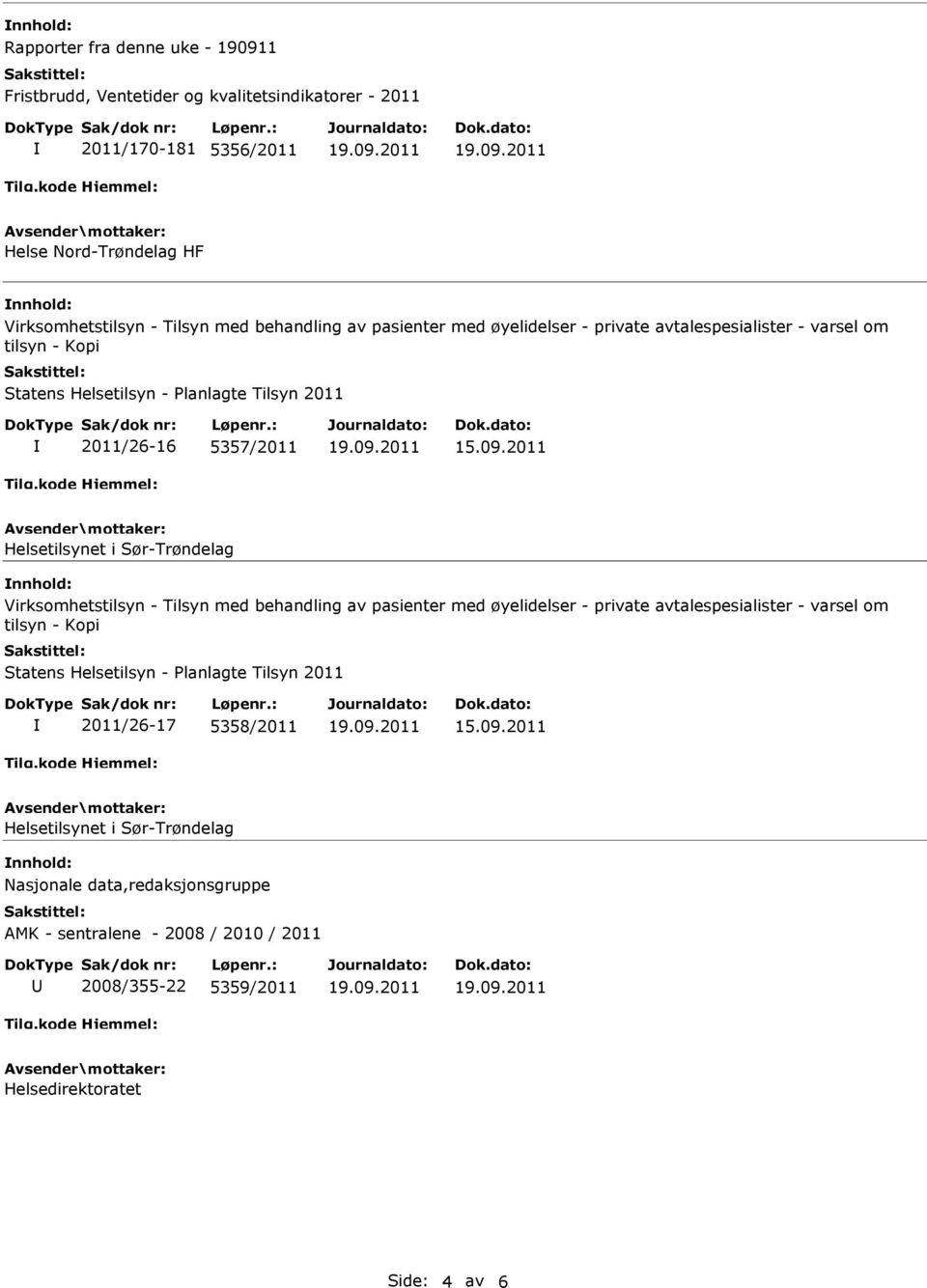 Tilsyn med behandling av pasienter med øyelidelser - private avtalespesialister - varsel om tilsyn - Kopi Statens Helsetilsyn - Planlagte Tilsyn 2011 2011/26-17