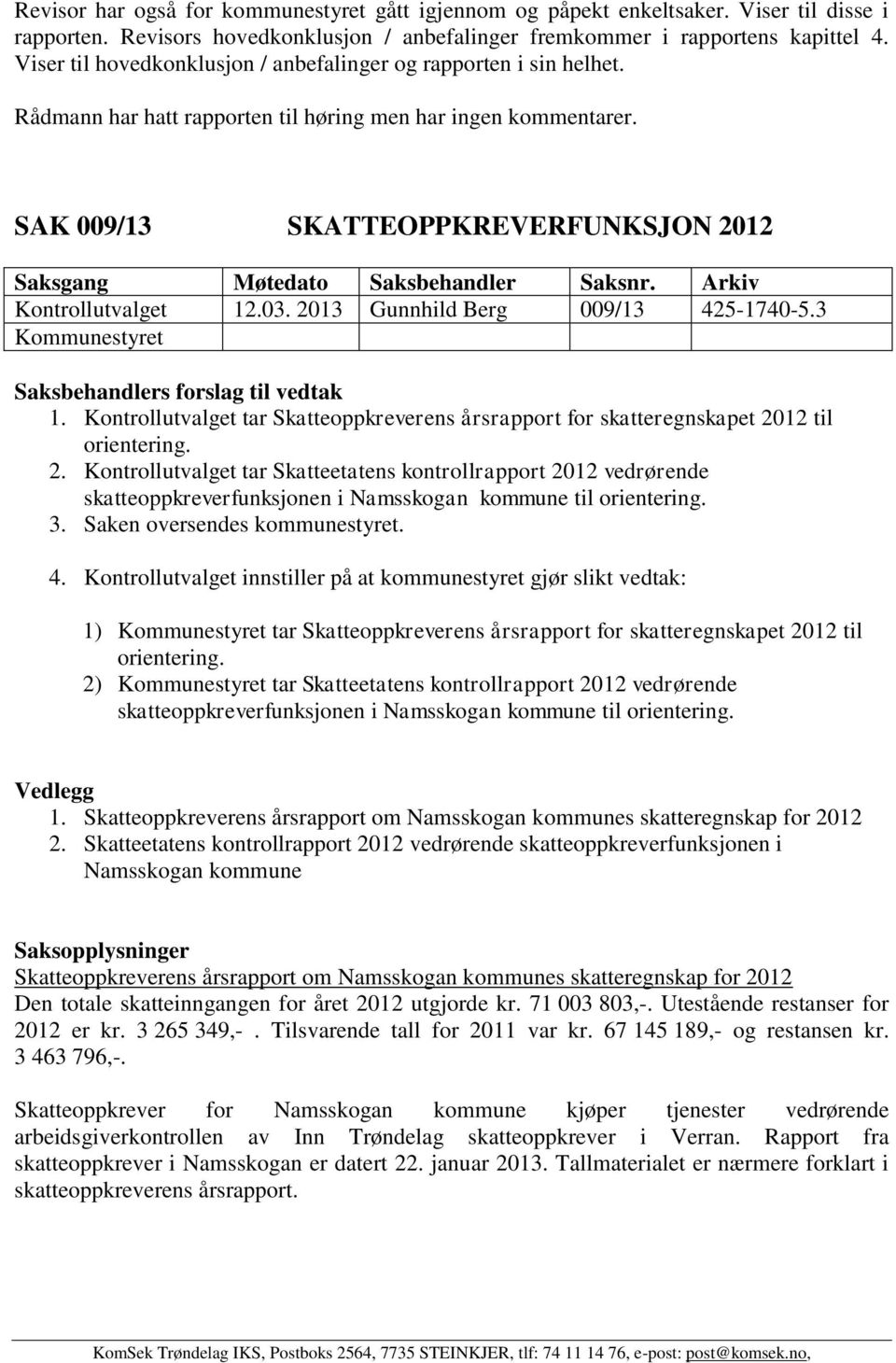 2013 Gunnhild Berg 009/13 425-1740-5.3 Kommunestyret 1. Kontrollutvalget tar Skatteoppkreverens årsrapport for skatteregnskapet 20