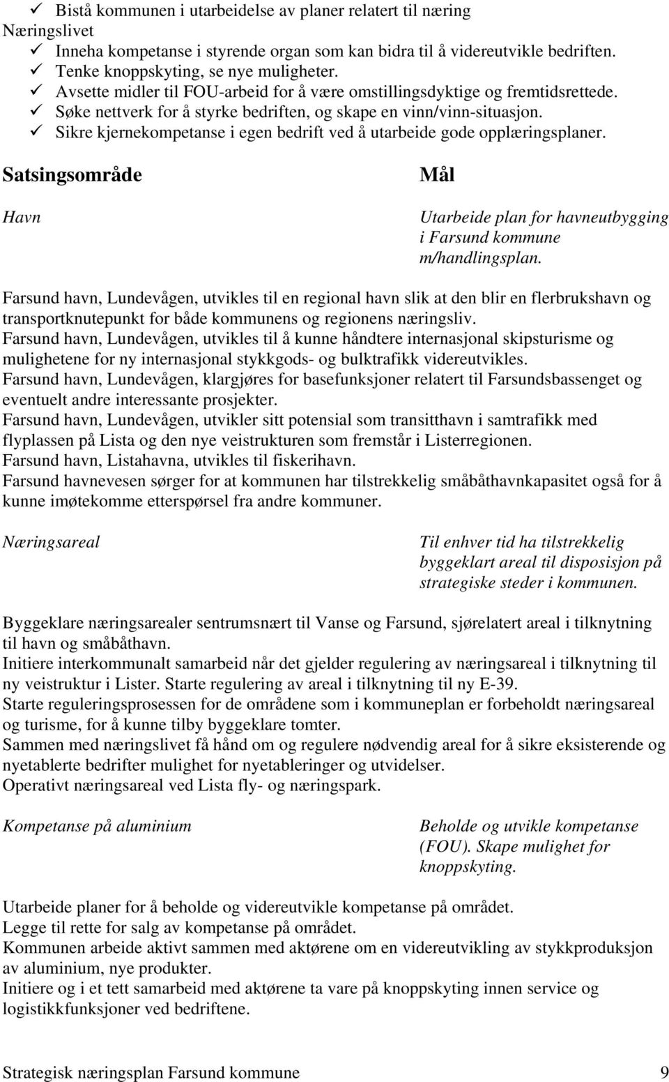 Sikre kjernekompetanse i egen bedrift ved å utarbeide gode opplæringsplaner. Satsingsområde Havn Mål Utarbeide plan for havneutbygging i Farsund kommune m/handlingsplan.