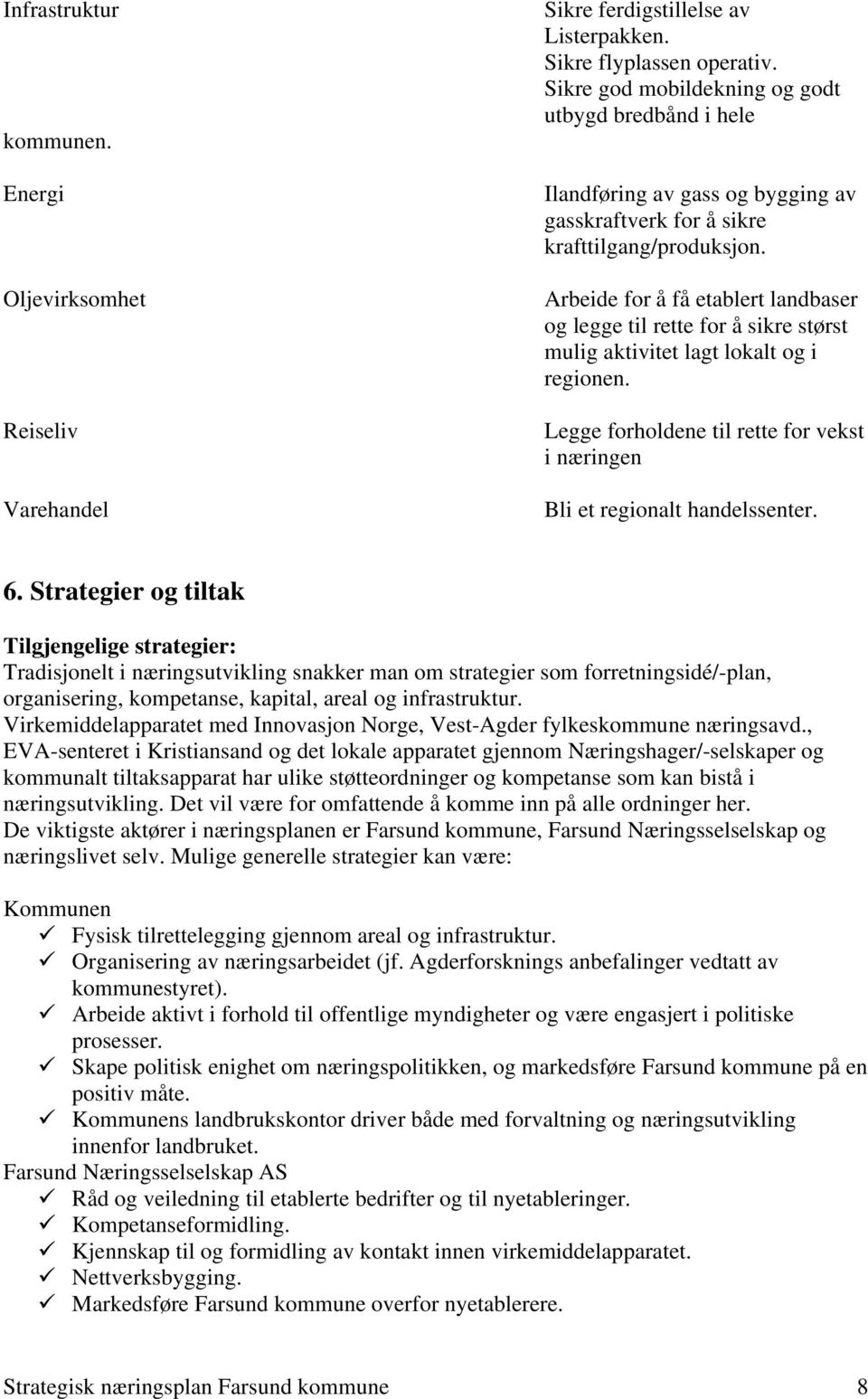 Arbeide for å få etablert landbaser og legge til rette for å sikre størst mulig aktivitet lagt lokalt og i regionen. Legge forholdene til rette for vekst i næringen Bli et regionalt handelssenter. 6.