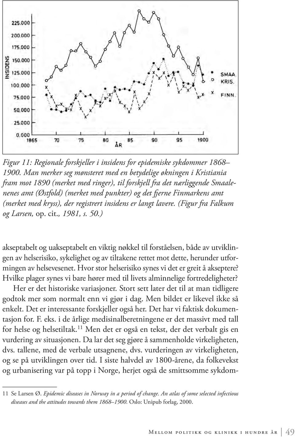 Finmarkens amt (merket med kryss), der registrert insidens er langt lavere. (Figur fra Falkum og Larsen, op. cit., 1981, s. 50.