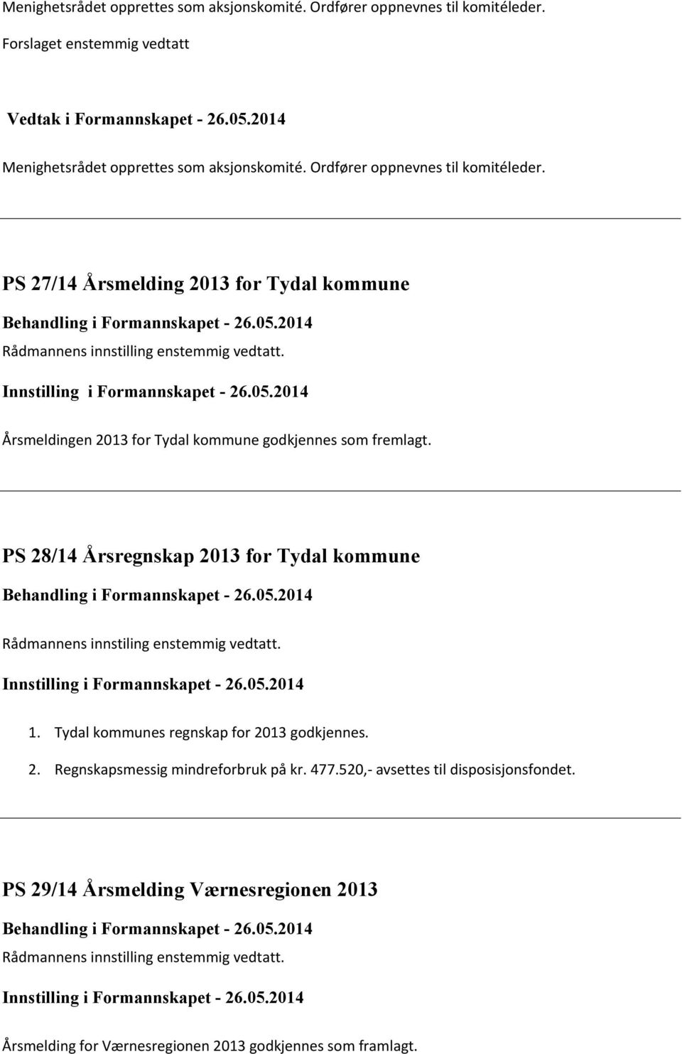 PS 28/14 Årsregnskap 2013 for Tydal kommune Behandling i Formannskapet - 26.05.2014 Rådmannens innstiling enstemmig vedtatt. Innstilling i Formannskapet - 26.05.2014 1.