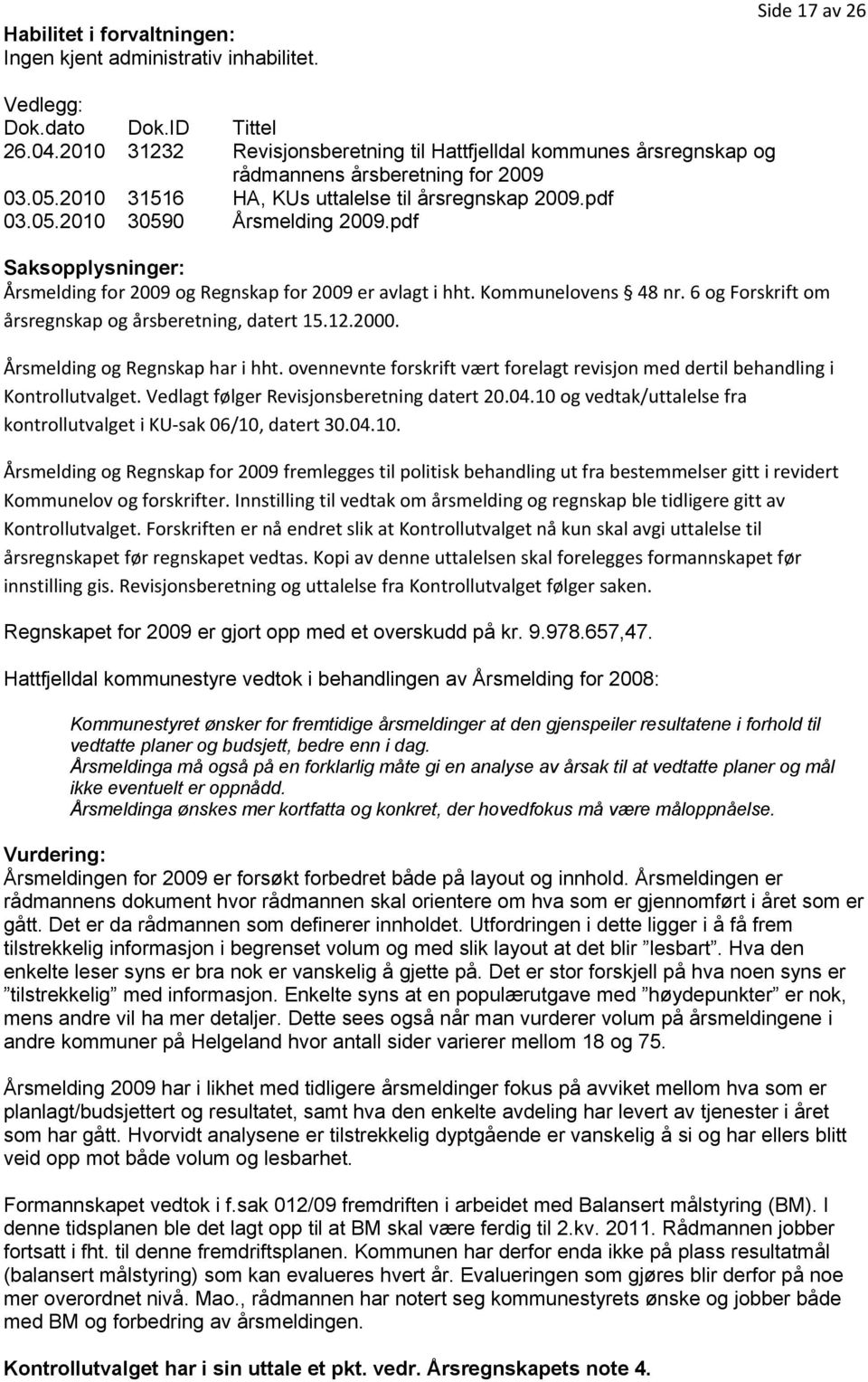 pdf Saksopplysninger: Årsmelding for 2009 og Regnskap for 2009 er avlagt i hht. Kommunelovens 48 nr. 6 og Forskrift om årsregnskap og årsberetning, datert 15.12.2000. Årsmelding og Regnskap har i hht.