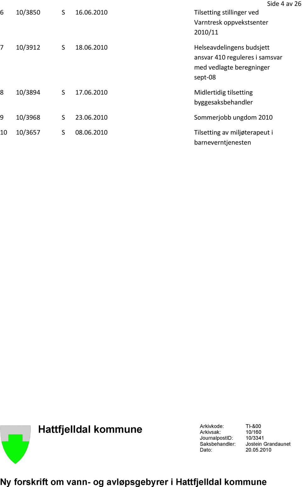 miljøterapeut i barneverntjenesten Hattfjelldal kommune Arkivkode: Arkivsak: JournalpostID: Saksbehandler: Dato: TI-&00 10/160 10/3341 Jostein