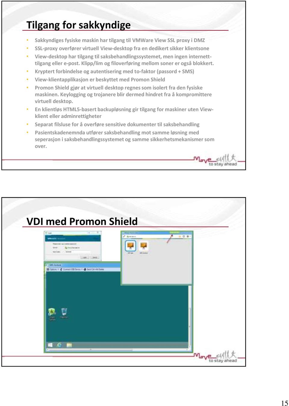 Kryptert forbindelse og autentisering med to-faktor (passord + SMS) View-klientapplikasjon er beskyttet med Promon Shield Promon Shield gjør at virtuell desktop regnes som isolert fra den fysiske