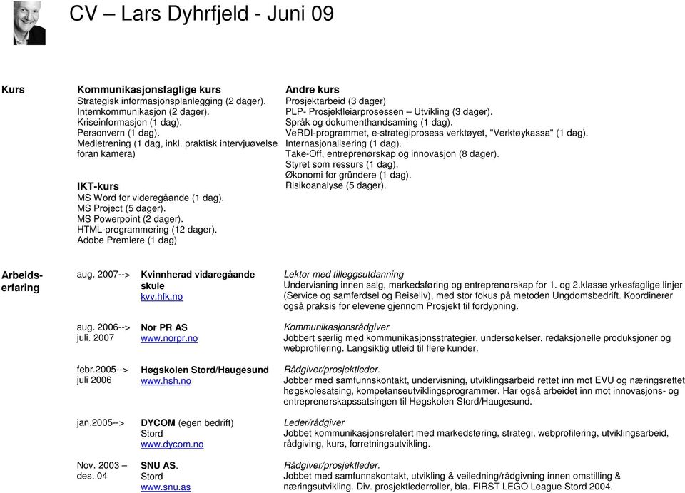 Adobe Premiere (1 dag) Andre kurs Prosjektarbeid (3 dager) PLP- Prosjektleiarprosessen Utvikling (3 dager). Språk og dokumenthandsaming (1 dag).
