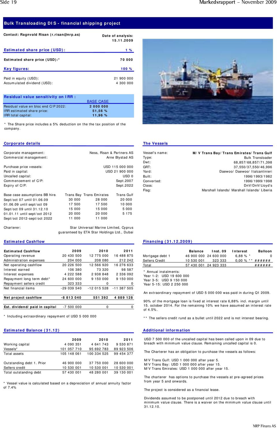 sensitivity on IRR : BASE CASE Residual value en bloc end C/P 2022: 2 000 000 IRR estimated share price: 51,56 % IRR total capital: 11,96 % * The Share price includes a 5% deduction on the the tax