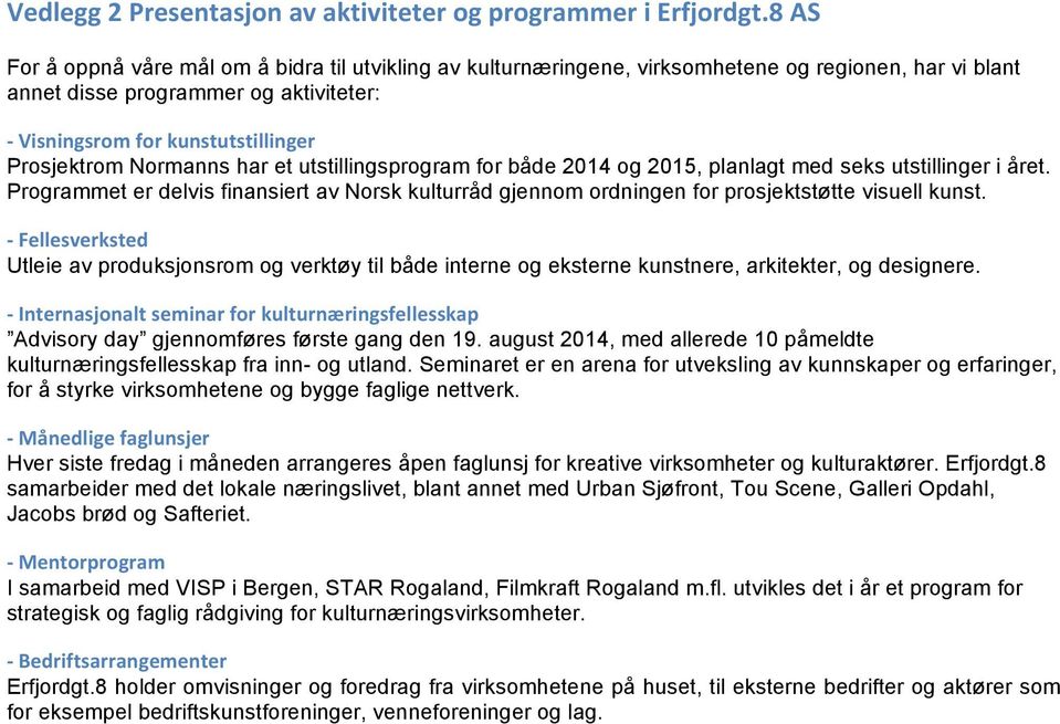 Normanns har et utstillingsprogram for både 2014 og 2015, planlagt med seks utstillinger i året. Programmet er delvis finansiert av Norsk kulturråd gjennom ordningen for prosjektstøtte visuell kunst.