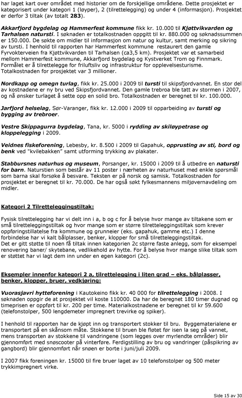 000 og søknadssummen er 150.000. De søkte om midler til informasjon om natur og kultur, samt merking og sikring av tursti.