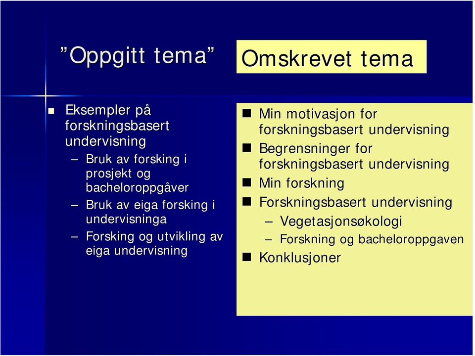 Min motivasjon for forskningsbasert undervisning Begrensninger for forskningsbasert undervisning Min