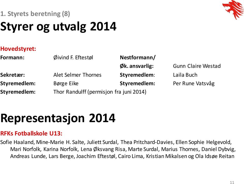 Randulff (permisjon fra juni 2014) Representasjon 2014 RFKs Fotballskole U13: Sofie Haaland, Mine-Marie H.