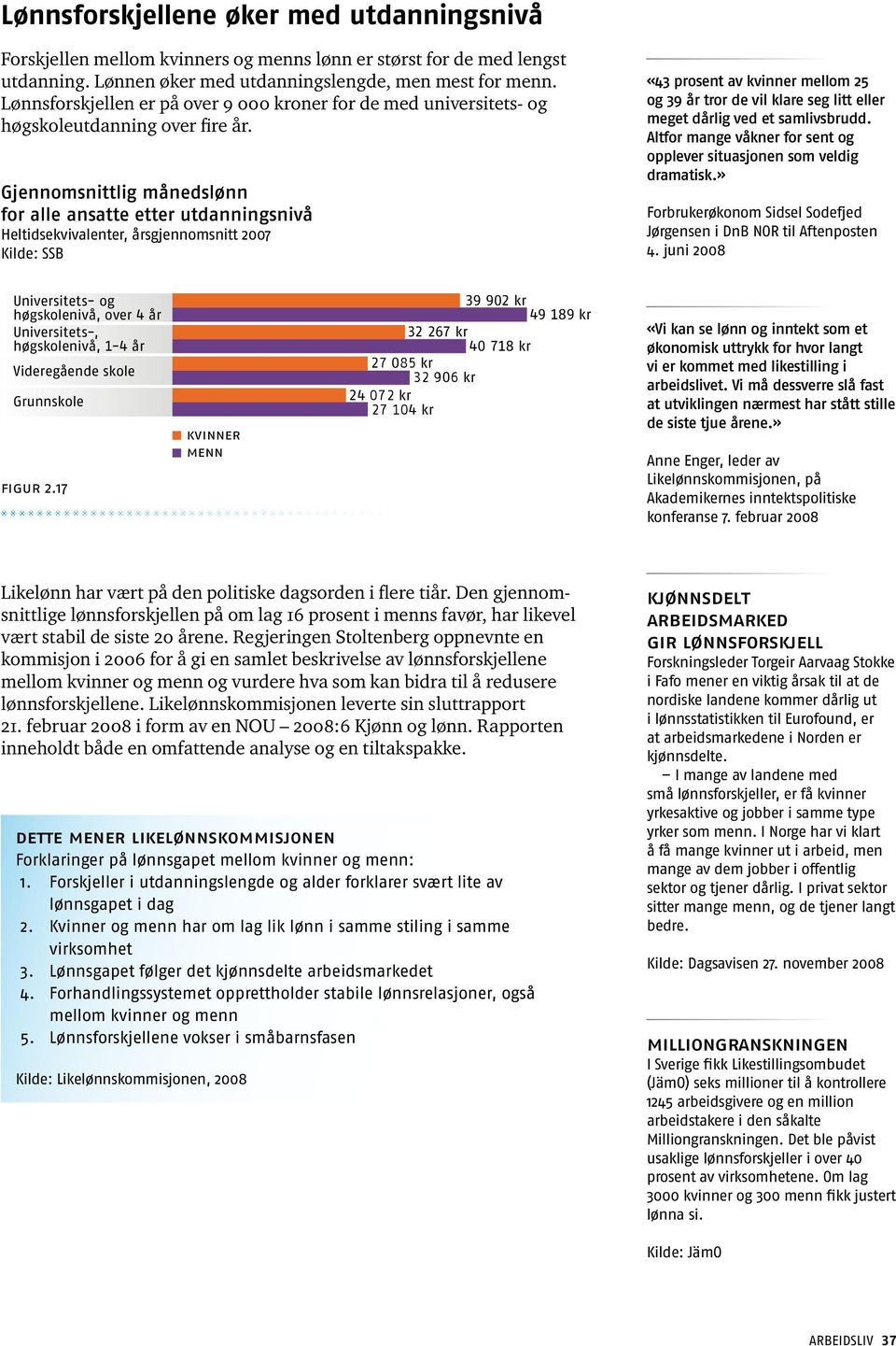 Gjennomsnittlig månedslønn for alle ansatte etter utdanningsnivå Heltidsekvivalenter, årsgjennomsnitt 2007 «43 prosent av kvinner mellom 25 og 39 år tror de vil klare seg litt eller meget dårlig ved