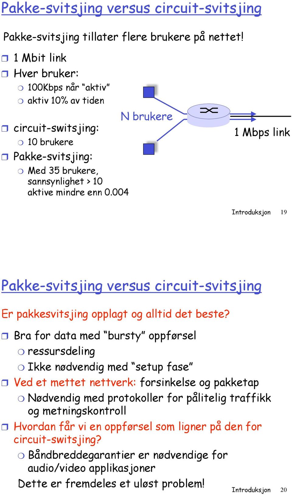 004 N brukere 1 Mbps Introduksjon 19 Pakke-svitsjing versus circuit-svitsjing Er pakkesvitsjing opplagt og alltid det beste?