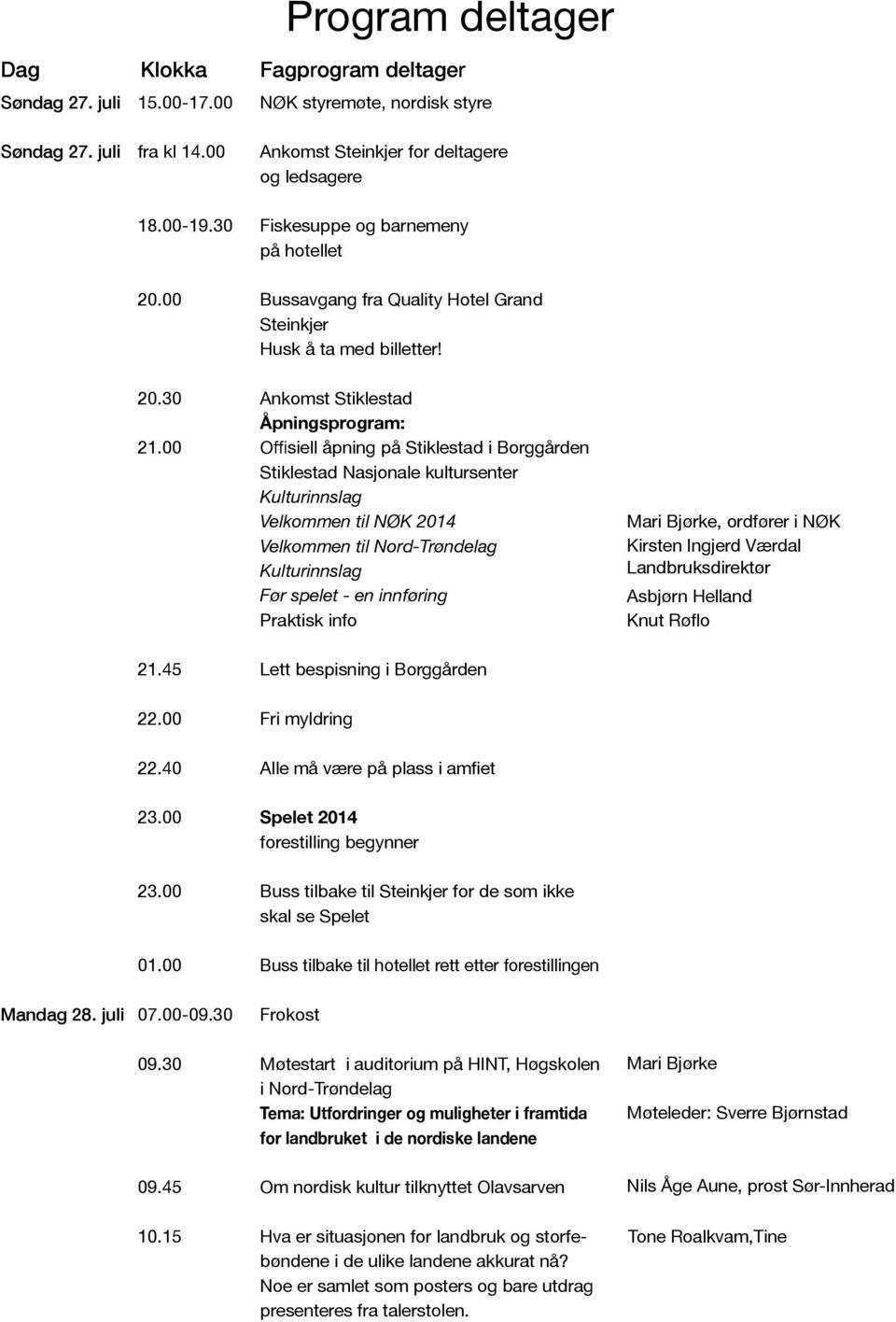 00 Offisiell åpning på Stiklestad i Borggården Stiklestad Nasjonale kultursenter Kulturinnslag Velkommen til NØK 2014 Velkommen til Nord-Trøndelag Kulturinnslag Før spelet - en innføring Praktisk